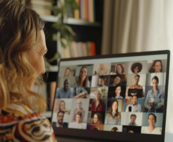 Uma jovem loira sentada em frente ao computador em uma reunião