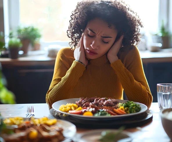 Uma mulher sentada à mesa pensativa com o prato cheio de comida na sua frente